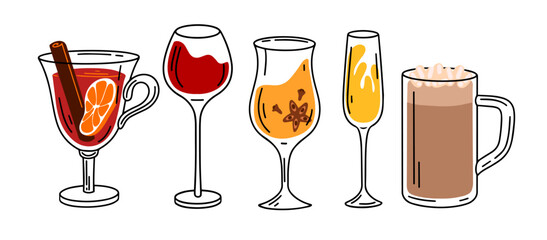 Set of winter drinks. Collection with mulled wine, champagne flute, mug of cocoa, glass of red wine. Cocktails for menu. Alcoholic and non-alcoholic drinks isolated on white background