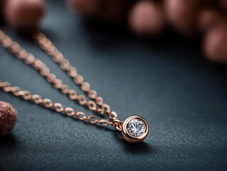 Fototapeta premium A delicate rose gold necklace with a tiny diamond pendant, close-up, sharp focus, photorealism