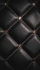 Obraz premium A close-up of a textured black genuine leather surface with a diamond stitch pattern and small golden studs, an elegant dark, luxury, sexy background