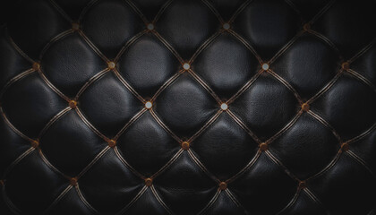 Naklejka premium A close-up of a textured black genuine leather surface with a diamond stitch pattern and small golden studs, an elegant dark, luxury, sexy background