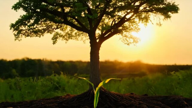 Timelapse of a single tree growing from a small sapling to a full-grown tree. The scene starts with the seedling breaking throug