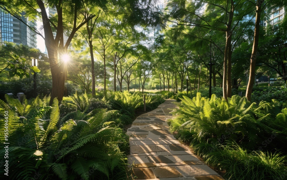 Wall mural A tranquil city park pathway lined with ancient horsetails and lush ferns, blending nature with the urban skyline at golden hour