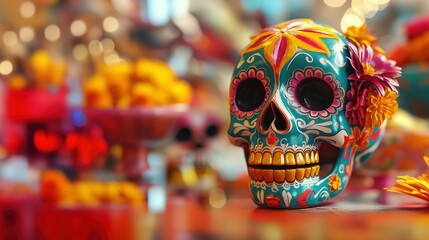 Fototapeta premium Colorful sugar skull decorated with flowers, symbolizing the Day of the Dead celebration, showcasing vibrant artistry and culture.