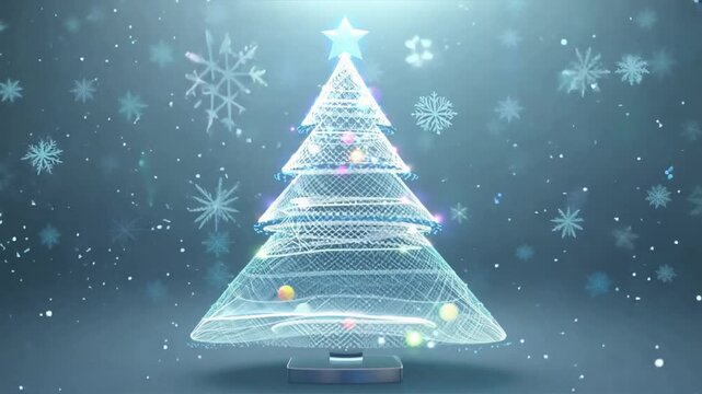 A digital Christmas tree with a futuristic, holographic design, standing tall in a modern