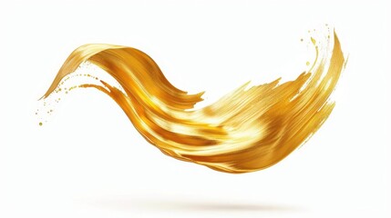elegant gold paint stroke floating in midair against pure white background shimmering texture dynamic curve and light reflections create a luxurious and artistic visual element