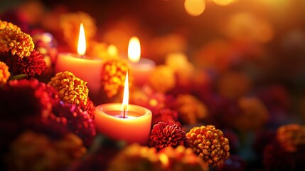 Enchanting candles illuminate vibrant flowers, creating a warm and inviting atmosphere perfect for relaxation and celebration.