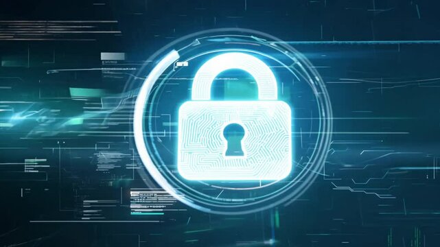 A futuristic digital environment filled with holographic security interfaces, glowing data streams
