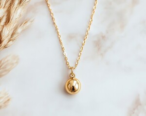 Fototapeta premium A single gold pendant necklace on a white marble surface, minimalist, high contrast, soft natural light