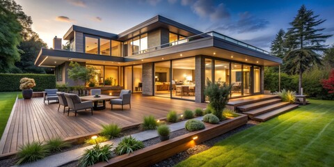 Fototapeta premium Modern Home with Deck and Landscaping, evening twilight , exterior design , contemporary architecture , backyard