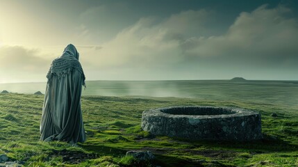 Mysterious silhouette near well exudes an unsettling vibe, shrouded in eerie atmosphere.