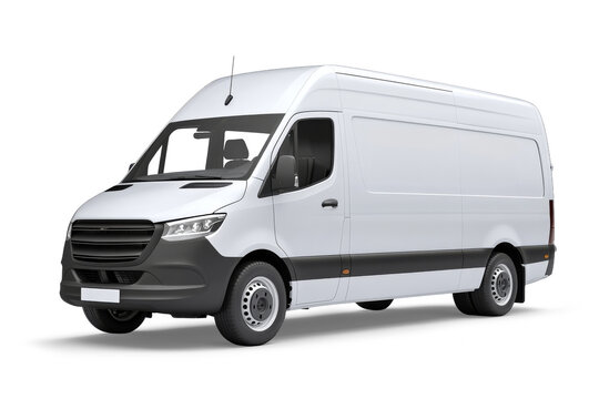 A white delivery van on a white background.