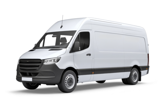A white delivery van on a white background.