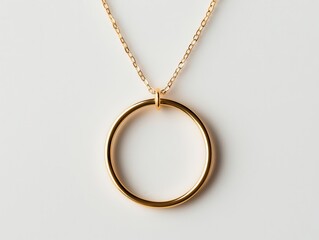 Gold necklace with a simple circle pendant, isolated on a pure white background, sharp focus