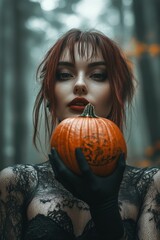 Brunette Goth woman in forest, with pumpkin, fashion and make-up shoot Portrait. Gothic, Goth, Victorian, Dark style fashion. Dark smokey make-up, red lipstick. Dramatic. Elegant.	