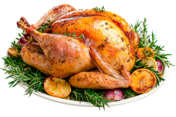 The turkey is garnished with sprigs of fresh rosemary, slices of vibrant oranges, evoking the warm and festive spirit of Thanksgiving