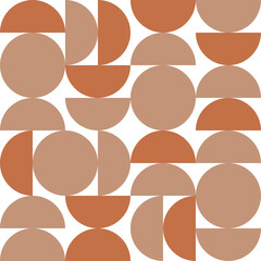 Abstract seamless pattern with orange and brown half circles and circles on white background