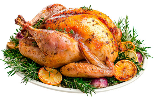 The turkey is garnished with sprigs of fresh rosemary, slices of vibrant oranges, evoking the warm and festive spirit of Thanksgiving