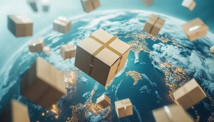 Futuristic global logistics concept featuring cardboard boxes flying around the earth