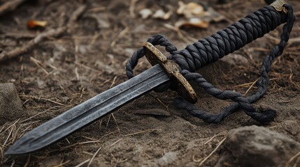 Ancient dagger with a braided handle resting on the ground in a forest