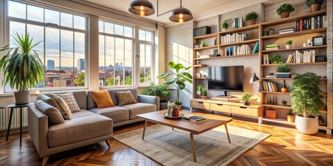 Fototapeta premium Modern Living Room with City View and Large Bookshelf, Interior Design, Living Room, Cityscape, Home Decor