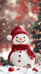 Fototapeta premium Snowman and Christmas ornaments. A holiday scene.