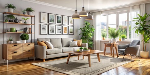 Modern Living Room with Grey Sofa, Wooden Accents, and Natural Light, Interior Design, Home Decor, Cozy Living , modern interior