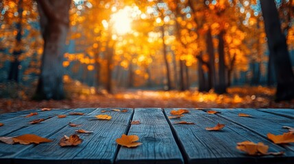 Autumn leaves on a wooden table for displaying products on a fuzzy background