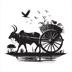 Fototapeta premium bullock cart wheel silhouette vector With White Background 