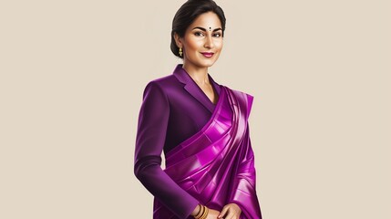 A photorealistic portrait of a South Asian businesswoman with a vibrant purple sari draped elegantly over her power suit. A confident smirk hints at her sharp business acumen. 