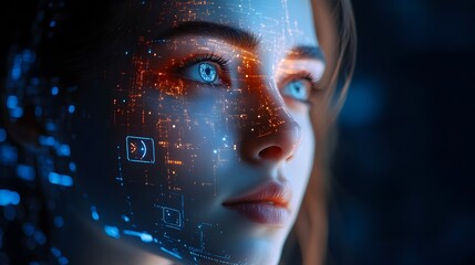Woman's Face Projected with Intelligence Data and Futuristic Digital Overlay