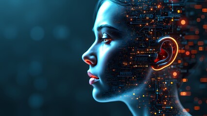 Obraz premium Human Head Dissolving into Digital Code, Glowing Circuit Outline