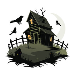 Fototapeta premium Dark Haunted Castle on a Hill with Bats and Bare Trees Vector Illustration
