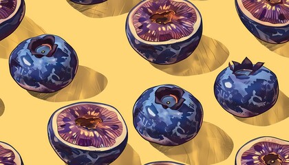 Close-up Illustration of Juicy Fresh Blueberries on Light Yellow Background