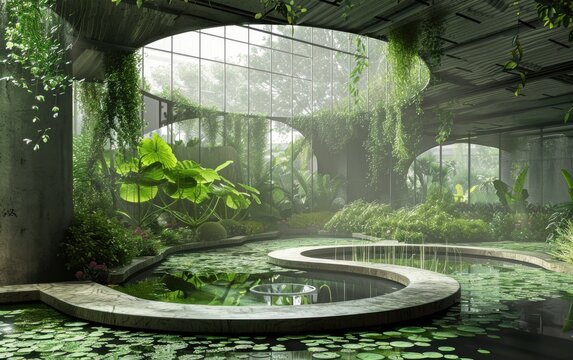 A serene blend of ancient plants and modern architecture in a futuristic botanical garden
