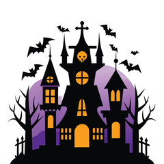Dark Haunted Castle on a Hill with Bats and Bare Trees Vector Illustration