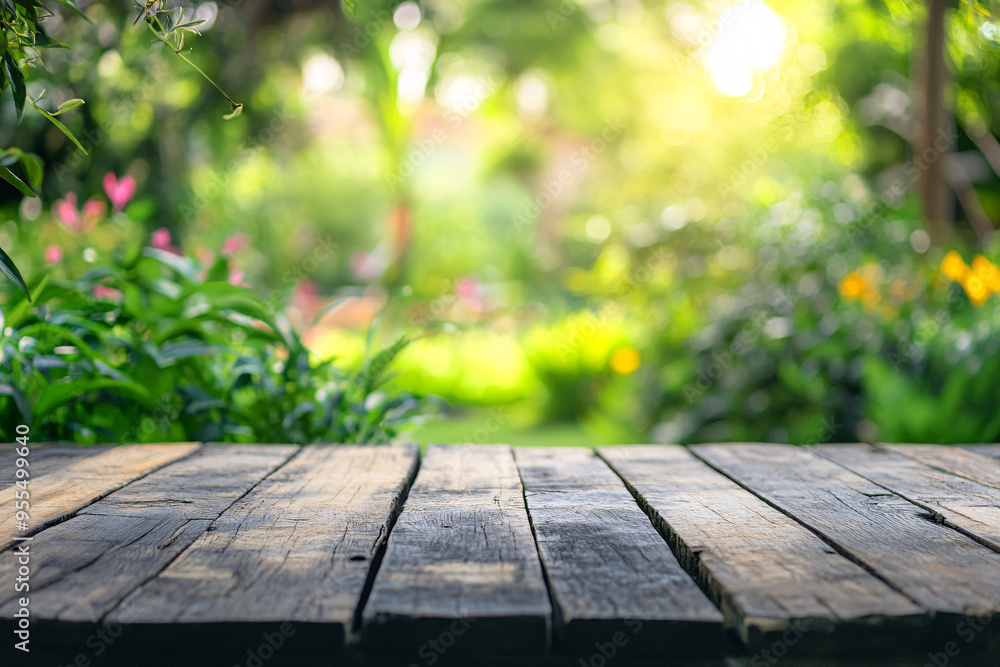 Poster close-up view of a rustic wooden table with soft sunlight illuminating a green and colorful garden i