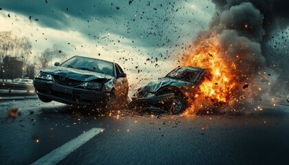 Obraz premium Car collision scene capturing the impact of an accident for insurance and safety awareness