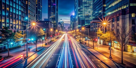 Fototapeta premium Nighttime Cityscape with Light Trails, long exposure , city lights, urban landscape, skyscrapers , night photography , cityscape