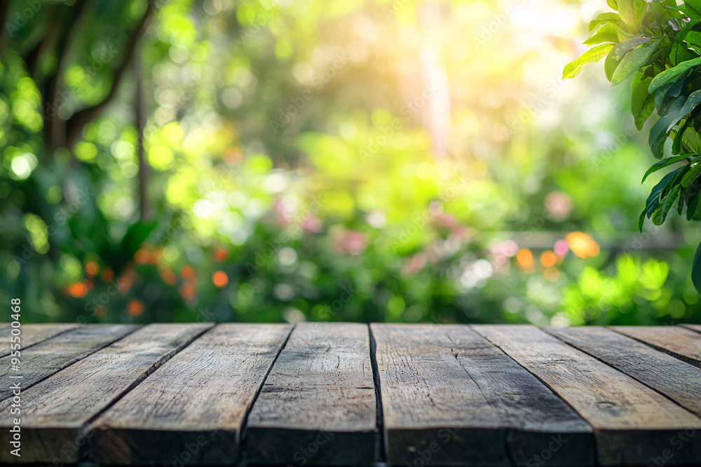 Poster rustic wooden table with a blurred garden in the background basking in soft sunlight creating a natu