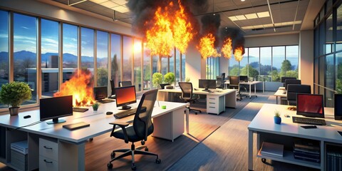 Office Fire Hazard, 3D Render, Office Interior, Flames, Smoke, fire safety, fire extinguisher
