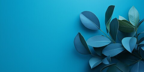 Obraz premium Elegant arrangement of eucalyptus leaves against a solid blue backdrop, showcasing natural beauty and simplicity.