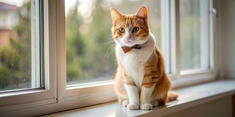 Orange Tabby Cat Wearing a Wooden Bowtie by Window, cat , orange tabby , bowtie , pet