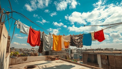 Clothes dried on a rooftop clothesline under the bright sun with a clear blue sky backdrop