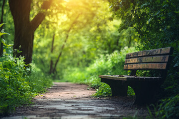 Naklejka premium peaceful scene of a wooden bench along a forest path surrounded by vibrant greenery and sunlight filtering through trees
