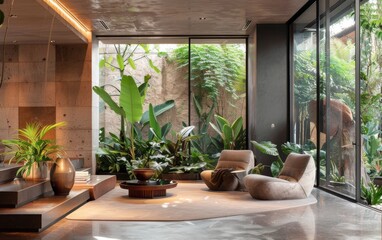 Fototapeta premium Contemporary living space featuring prehistoric flora in a serene indoor garden setting