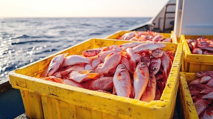 Freshly caught red snappers in yellow crates on a fishing boat at sea during sunrise
