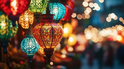 Vibrant traditional lanterns glowing brightly in a night market with colorful background lights