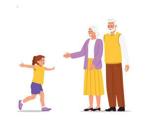 Vector illustration of a joyful granddaughter running to her grandfather and grandmother.Cartoon scene of happy little girl running with outstretched arms to grandparents isolated on white background.
