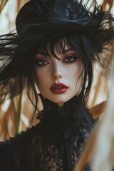 Brunette Goth woman, style outdoor Portrait. Gothic, Goth, Emo, Dark style fashion. Smokey make-up, red lipstick. Dramatic. Elegant. Standing in corn field.
