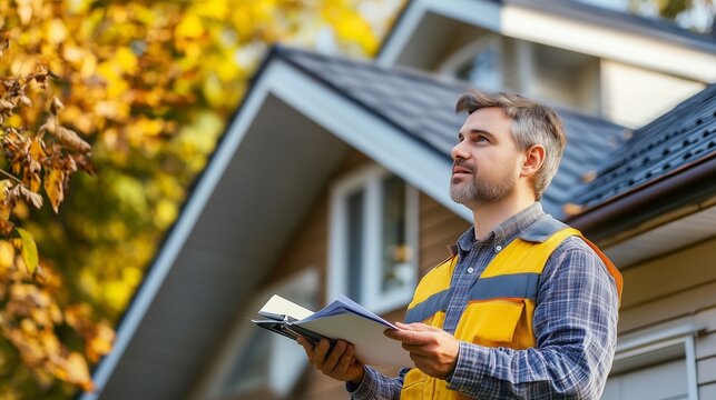 Man in a safety vest inspecting a residential property during autumn, with colorful leaves and a well-maintained home in the background